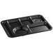 A black Choice heavy-duty melamine tray with six compartments.