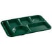 A forest green Choice melamine tray with 6 compartments.