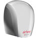 A World Dryer Airforce hand dryer with a brushed chrome finish and red text.