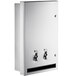 An American Specialties, Inc. stainless steel dual sanitary napkin/tampon dispenser with two levers.