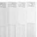 A white Hookless shower curtain with a white border and rings on a rod.