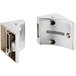 A chrome finish metal wall bracket for a Crescent Suite Arc shower rod with holes in the corner.