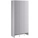 A gray metal Regency locker with three doors and four tiers.