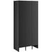 A black metal rectangular locker with three doors.