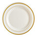 A white plate with a gold rim.