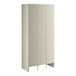 A beige metal locker with three wide doors and two tiers.