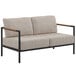 A Flash Furniture teak loveseat with beige cushions on a white background.