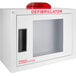 A white surface mount AED wall cabinet with a red strobe light.