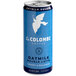 A blue and white La Colombe Oatmilk Double Latte can on a table with a white dove.