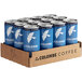 A cardboard box of 12 blue La Colombe Oatmilk Double Latte cans with white text.