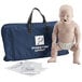 A Prestan infant CPR manikin next to a blue bag.