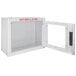 A white metal Compact Surface Mount AED Wall Cabinet with the door open.