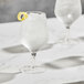 A Della Luce Astro goblet filled with ice water and a lemon slice on top.