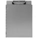 An aluminum clipboard with a metal clip on top.