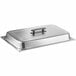 A stainless steel Choice chafer lid with a plastic handle.