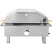 A stainless steel Omcan propane pizza oven with foldable legs.