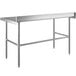 A Regency stainless steel work table with an open base and backsplash on legs.