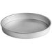 A round silver Fat Daddio's cake pan.