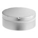 A round silver metal tin with a notched lid.