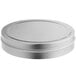 A round silver metal tin with a slip cover.