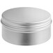 A silver metal tin with a ribbed screw top lid.