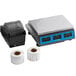 A grey and blue AvaWeigh digital price computing scale with a thermal label printer and rolls of labels.