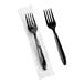 A heavy weight black plastic fork, with one shown individually wrapped in plastic.