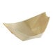 A Tablecraft disposable wood boat with a brown paper bottom.