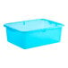 A blue heavy-duty polypropylene bus tub with a lid.