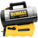 A yellow and black DeWalt cordless forced air liquid propane heater.