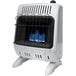 A white HeatStar liquid propane space heater with blue flame behind bars.