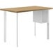 A white HON desk with a wood surface and U-shaped storage shelves.