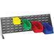 A grey Quantum steel bench rack with red, blue, and yellow plastic bins.