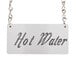 A silver chain sign that reads "Hot Water" hanging from a Cal-Mil urn.