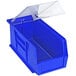 A Quantum blue plastic bin with clear lid.