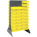 A Quantum grey steel rack with yellow bins on it.