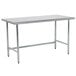 A stainless steel Advance Tabco work table with metal legs.