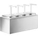 A stainless steel ServSense quadruple condiment dispenser with white plastic pumps.