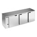 A Beverage-Air stainless steel back bar refrigerator with three solid doors.
