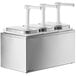 A stainless steel ServSense condiment dispenser with three plastic pumps.