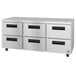 A stainless steel Hoshizaki undercounter refrigerator with six drawers.