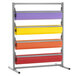 a rack with colorful paper rolls