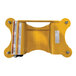 A yellow steel pallet rack lifting dolly with a rectangular frame and four corner bolts.
