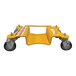 A yellow steel pallet rack lifting dolly with four swivel casters.