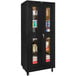 A black Hallowell mobile storage cabinet with safety-view glass doors.