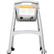 A close-up of a Rubbermaid platinum high chair with wheels.