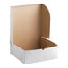 A large white bakery box with an open lid, designed for cakes or baked goods.