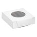 A white square bakery box with a round clear window on the top.