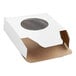 A white bakery box with a clear round window on top and an open flap, designed for packaging baked goods.