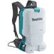 A white and blue Makita XCV17PG backpack vacuum.